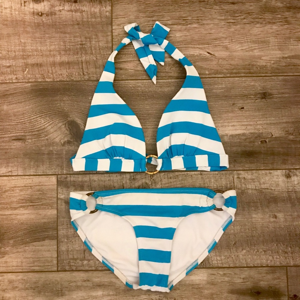 Stripped baby blue bikini with gold accents!